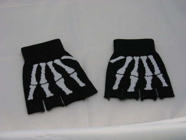 Black Fingerless Gloves with Skeleton Motif